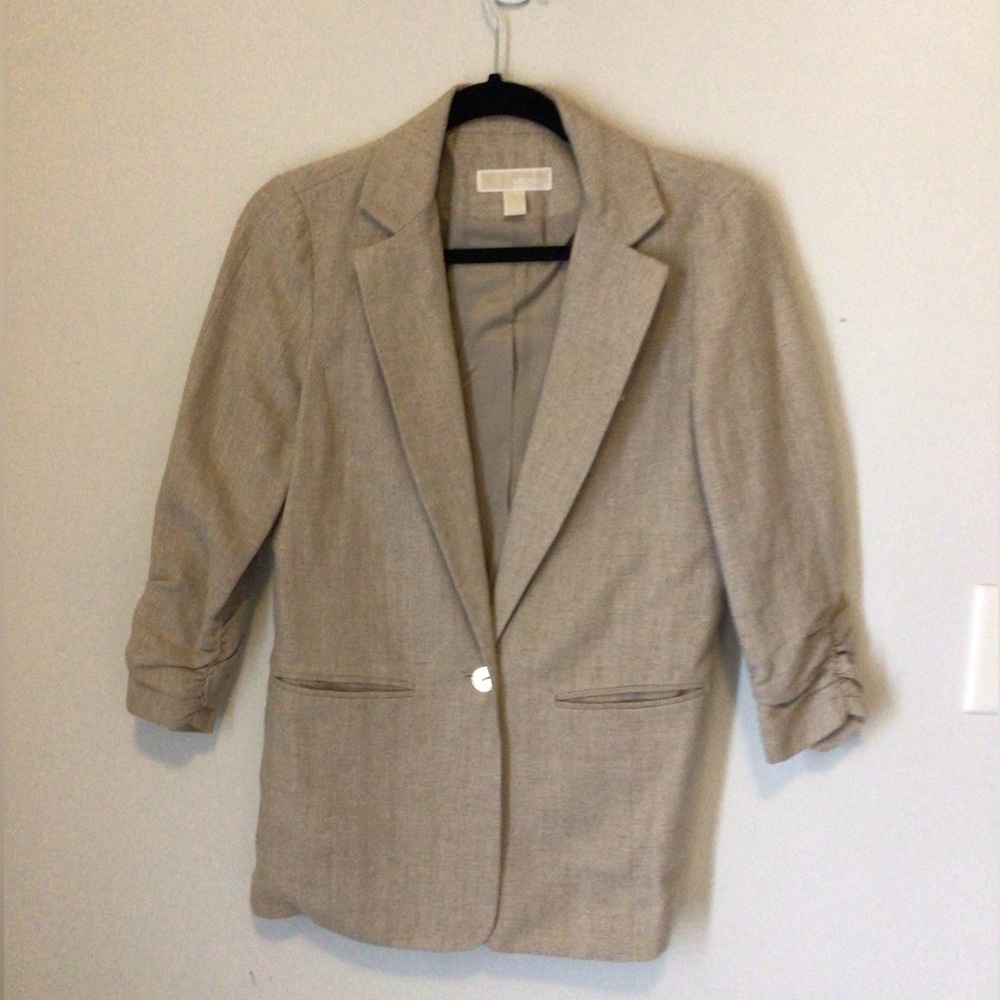 MICHAEL KORS BEIGE LINEN BLAZER WITH RUCHED SLEEVES SIZE 4